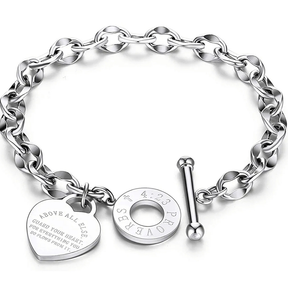 Tiffany - esque 14k White Gold Heart Toggle Proverb Bracelet